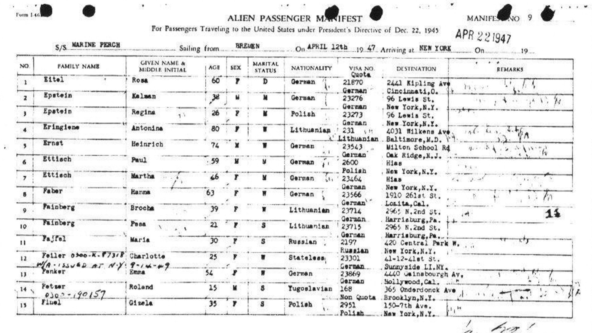 Ship manifest from the S.S. Marine Perch, April 12th 1947.